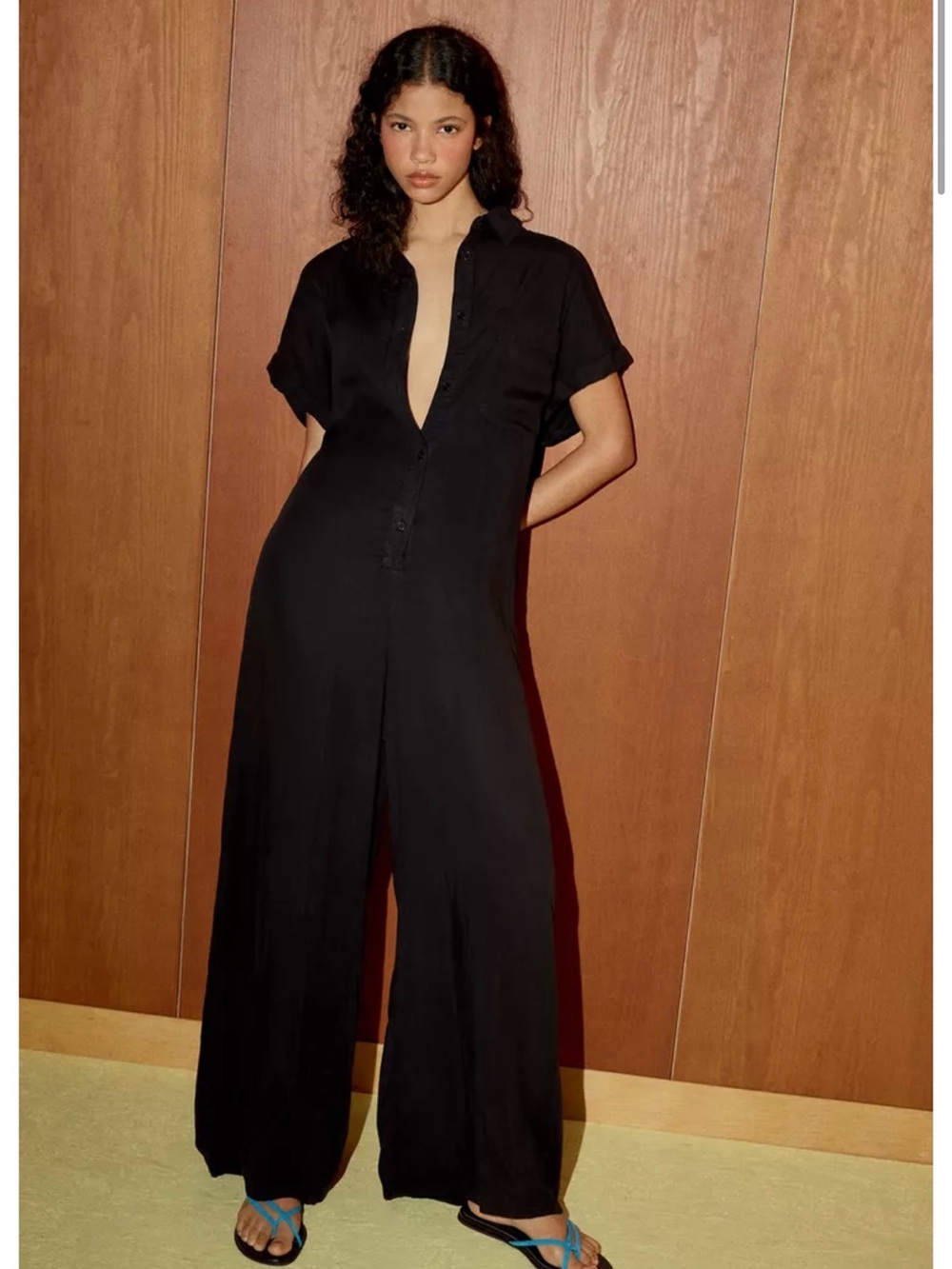 Zara Black Short-Sleeve Button-Front Wide-Leg Jumpsuit